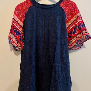 Navy Top with Red Patterned Sleeves